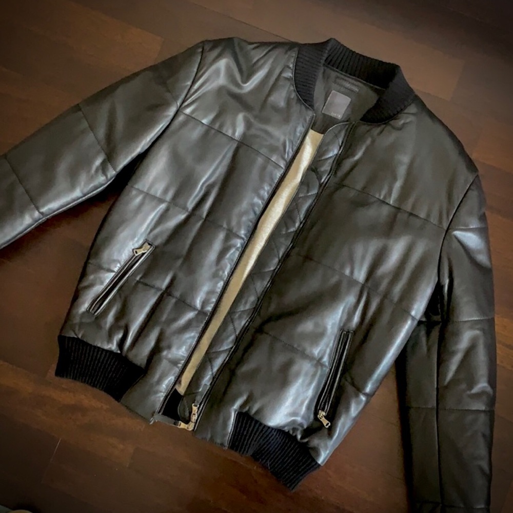 LOT 78 Men’s Leather Puffer Bomber Jacket, COOL!, Black, L